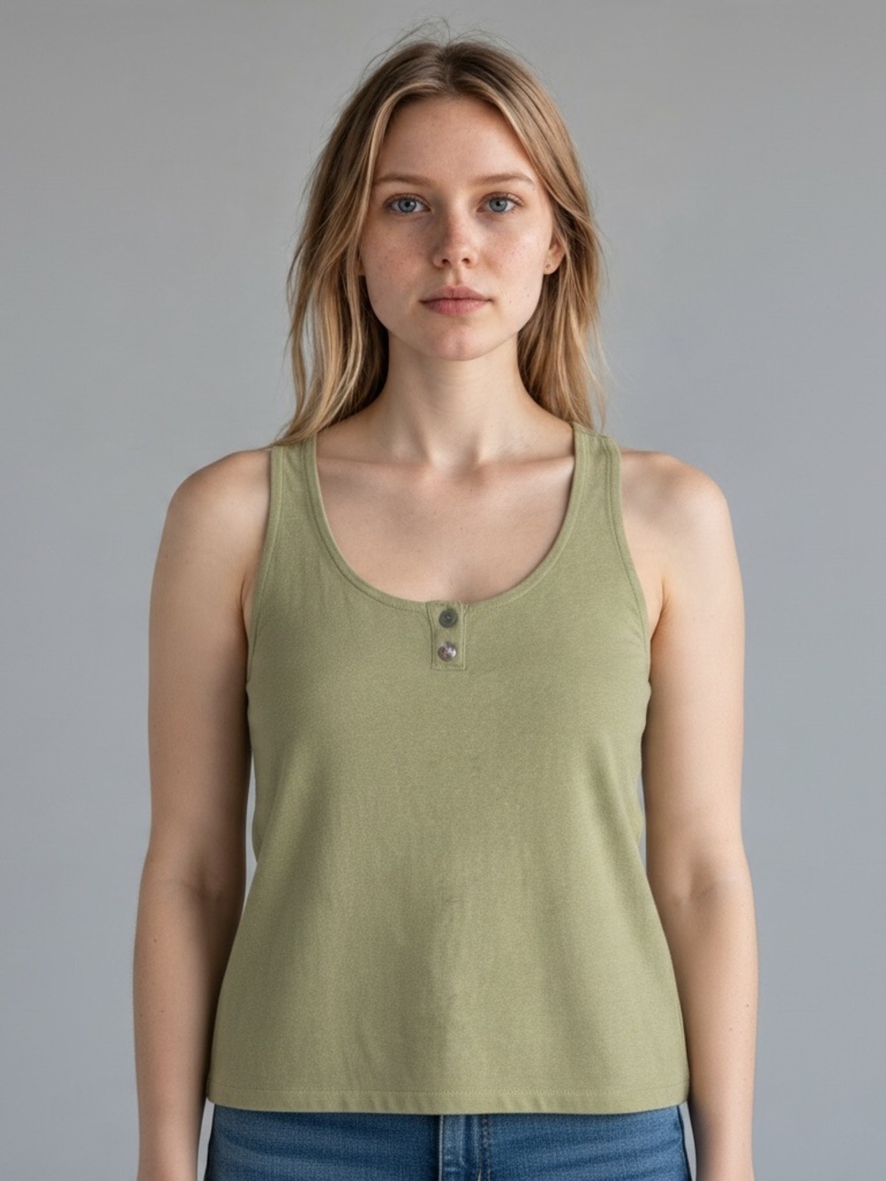 Madewell Olive Green Boxy Fit Scoop Neck Tank Top with Two Buttons in Neckline